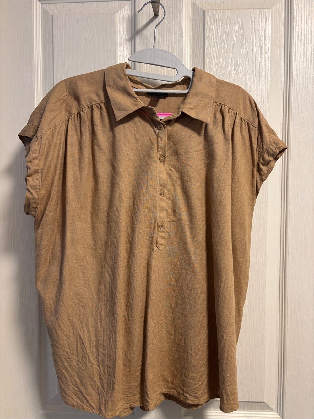 Ann Taylor Tan Short-Sleeve Button-Front Linen Tunic